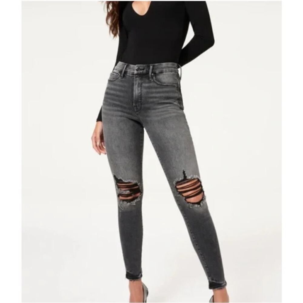 GOOD AMERICAN | Good Waist Black Wash Denim Distressed Jeans Women’s Size 15